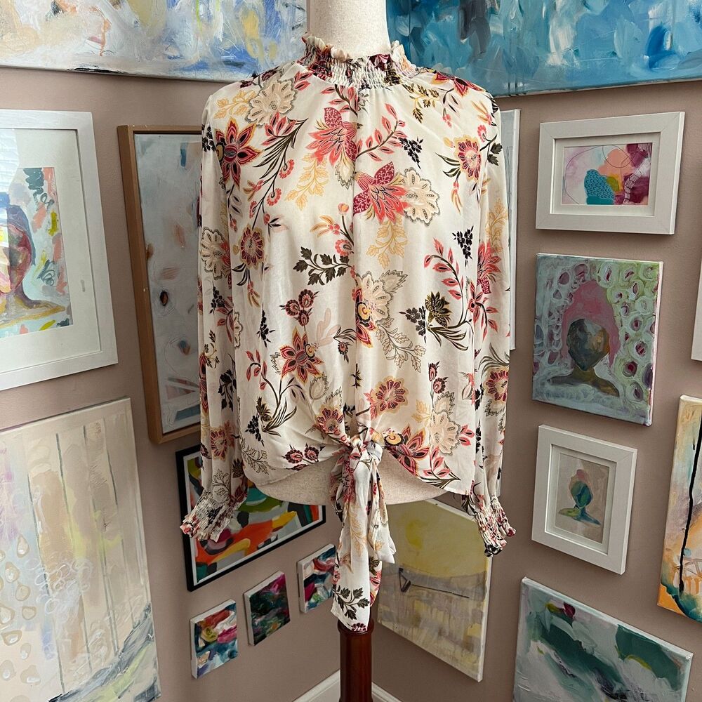 Ophelia Roe Floral Tie Front Smocked Neck Boho Long Sleeve Blouse L Romantic